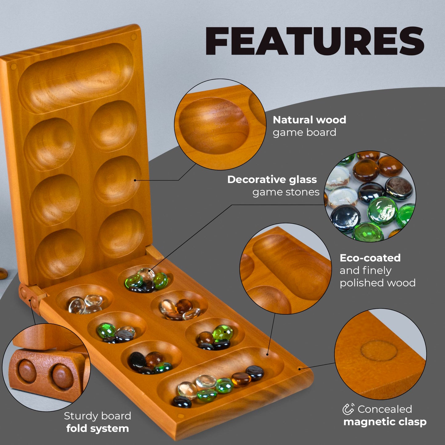 Queensell Mancala Board Game – Folding Wooden Set with Magnetic Lock and 56 Pebbles