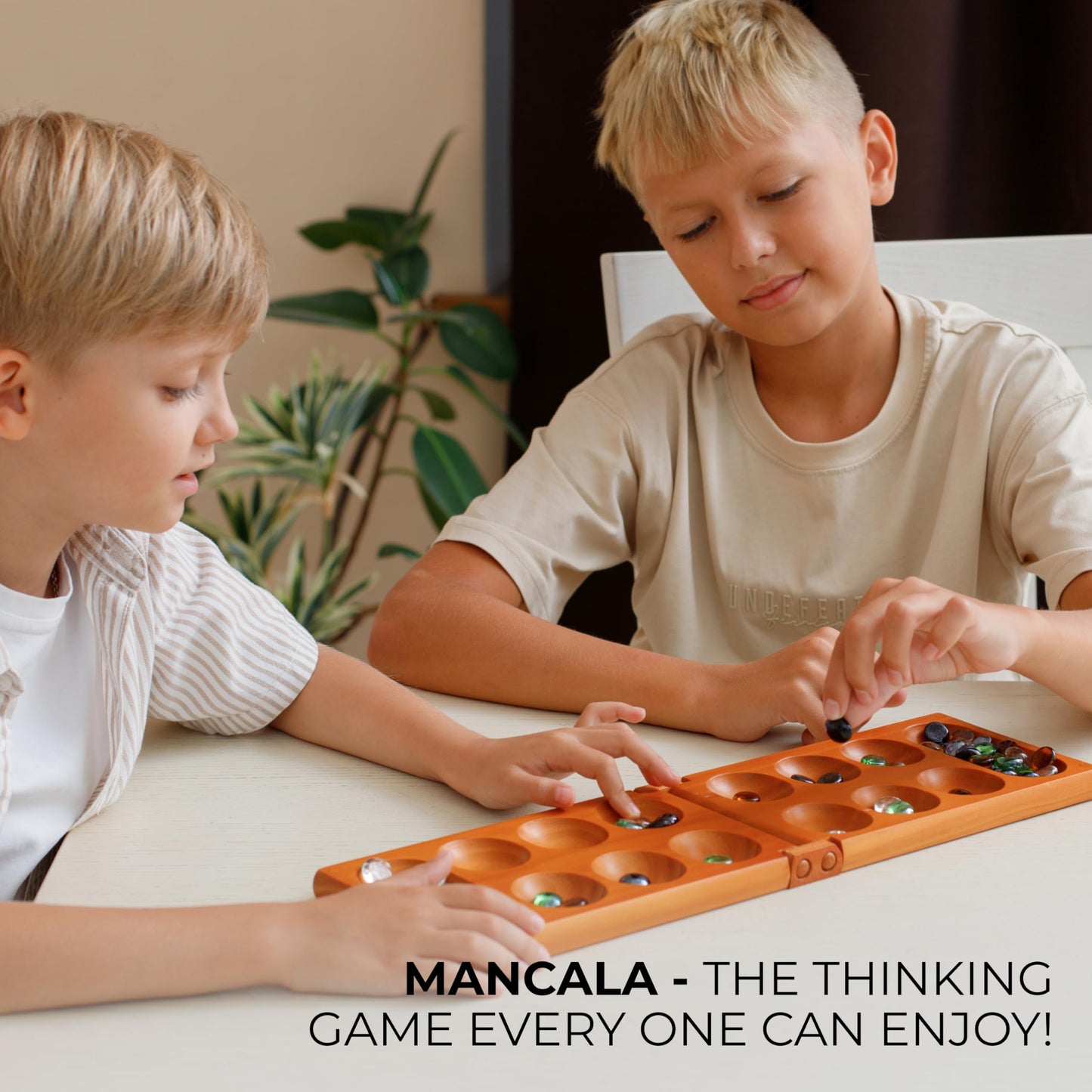 Queensell Mancala Board Game – Folding Wooden Set with Magnetic Lock and 56 Pebbles