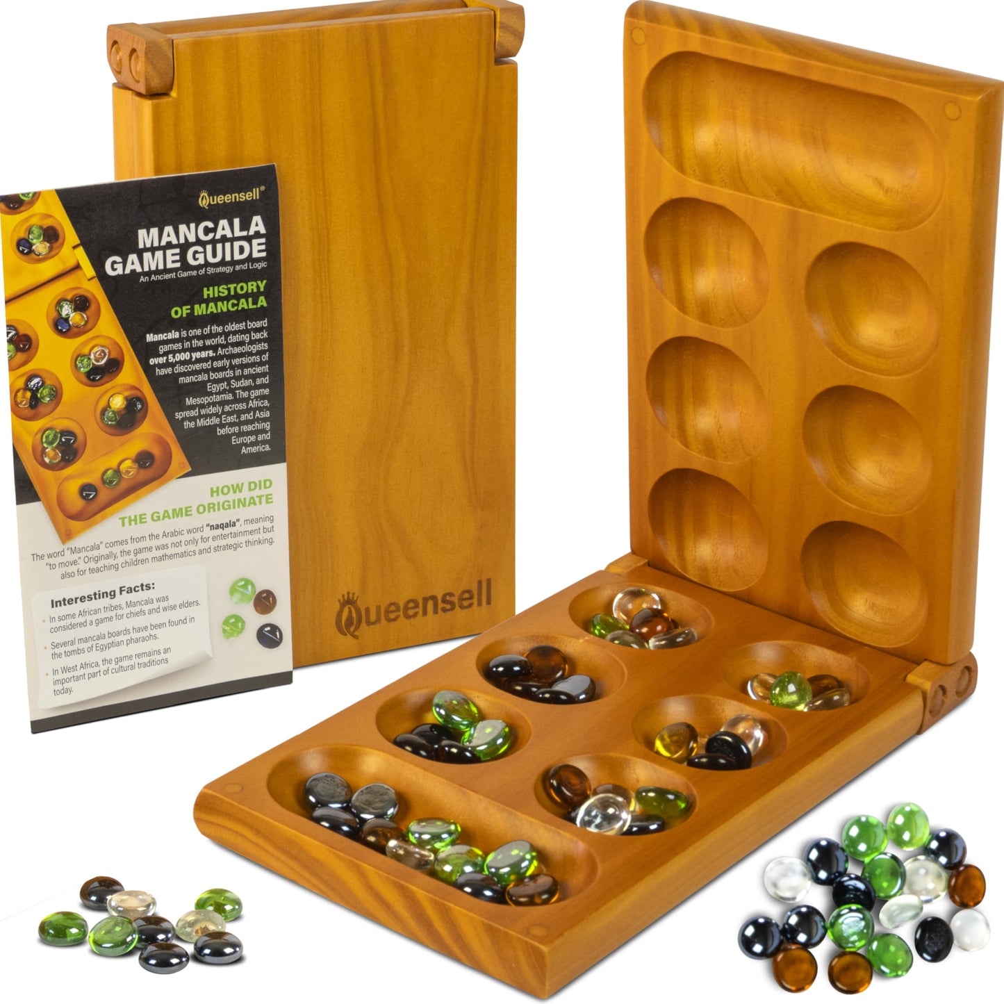 Queensell Mancala Board Game – Folding Wooden Set with Magnetic Lock and 56 Pebbles
