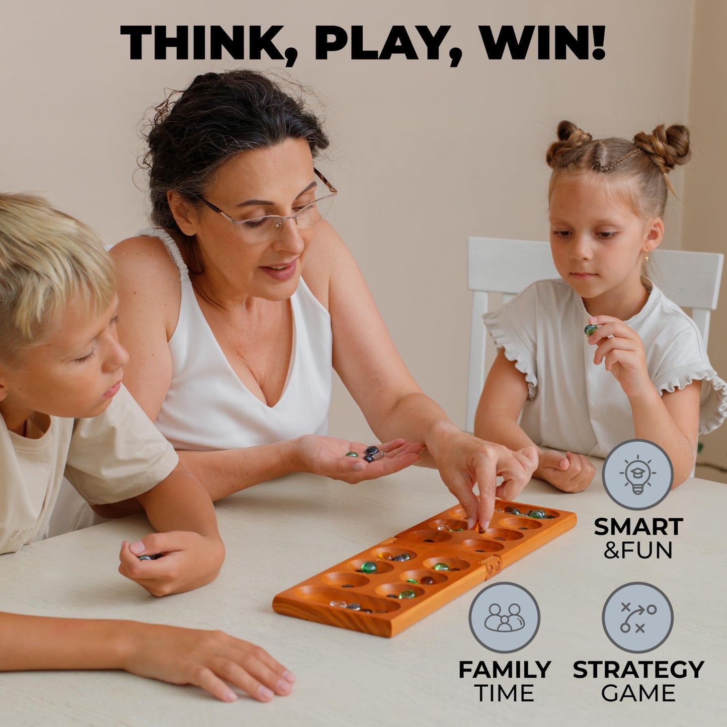 Queensell Mancala Board Game – Folding Wooden Set with Magnetic Lock and 56 Pebbles
