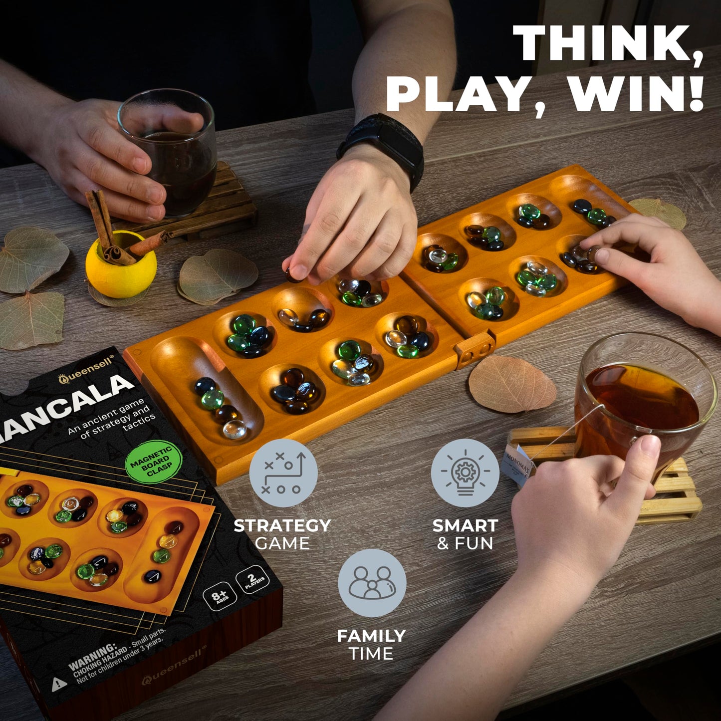 Queensell Mancala Board Game – Folding Wooden Set with Magnetic Lock and 56 Pebbles