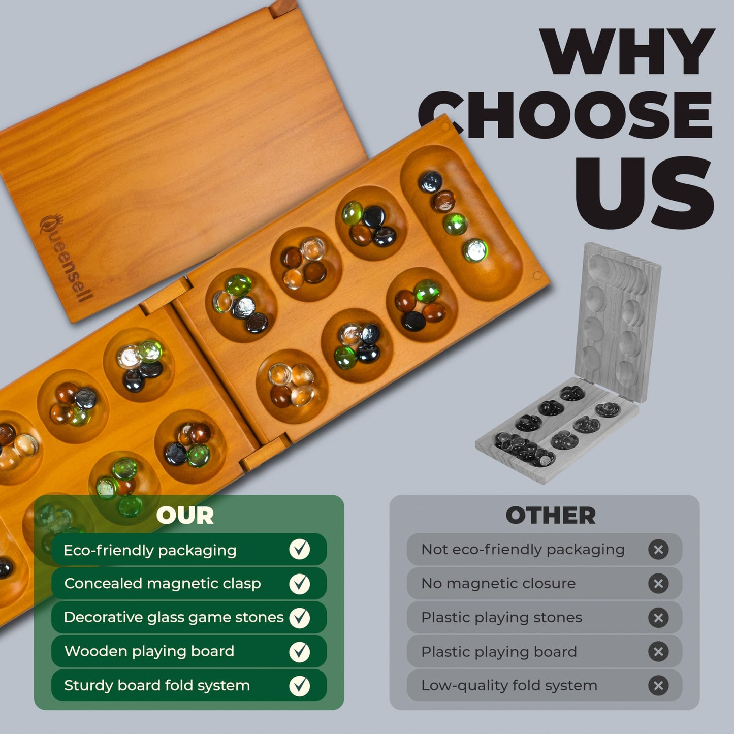 Queensell Mancala Board Game – Folding Wooden Set with Magnetic Lock and 56 Pebbles