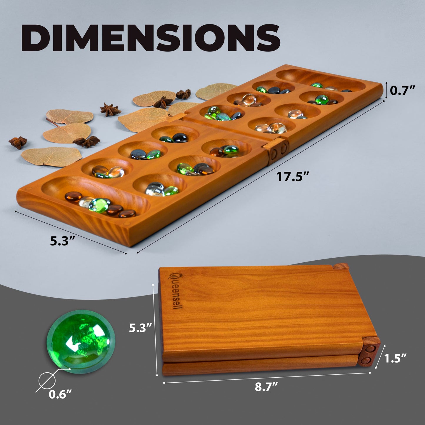Queensell Mancala Board Game – Folding Wooden Set with Magnetic Lock and 56 Pebbles