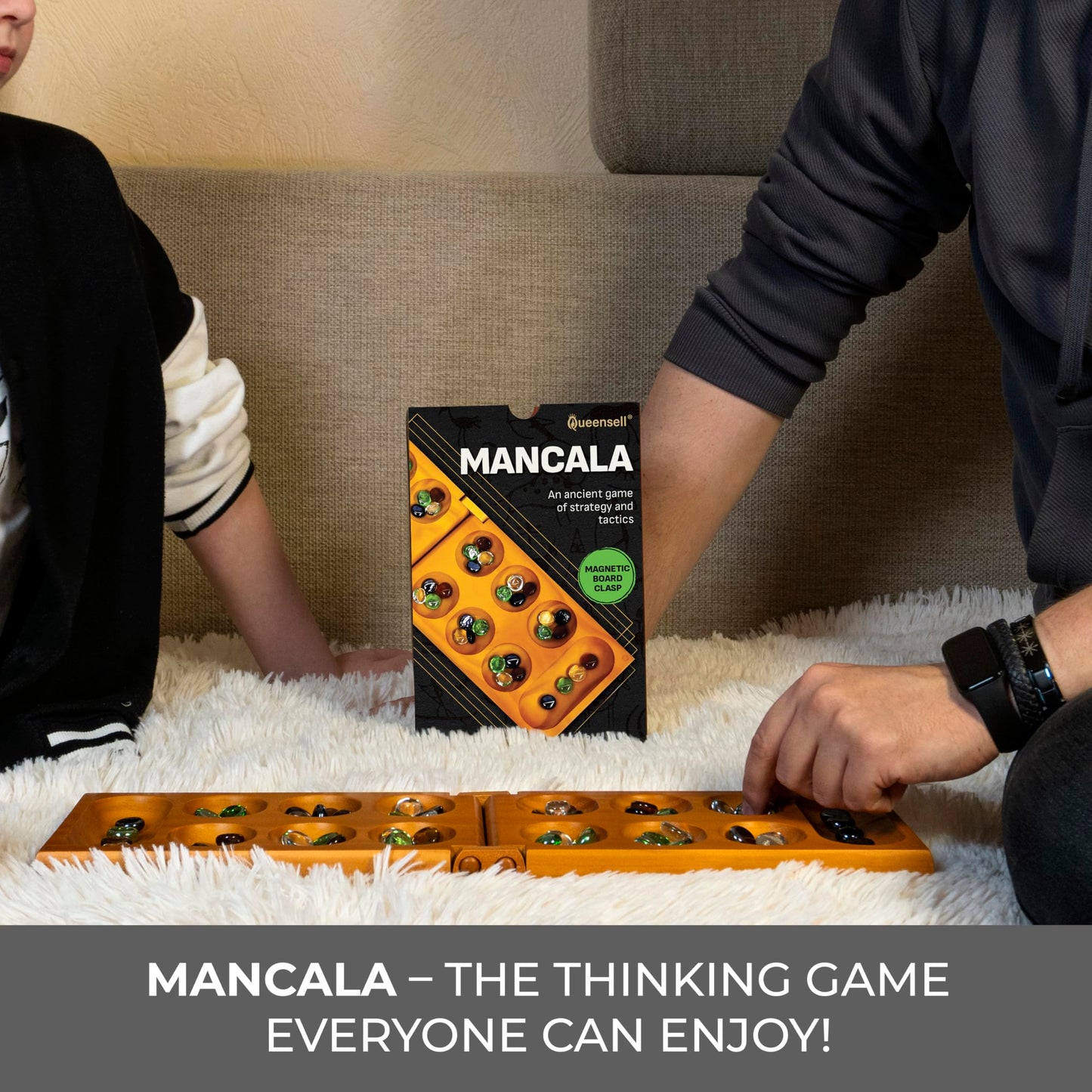 Queensell Mancala Board Game – Folding Wooden Set with Magnetic Lock and 56 Pebbles