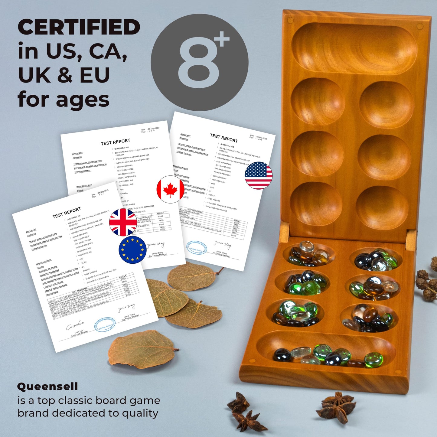 Queensell Mancala Board Game – Folding Wooden Set with Magnetic Lock and 56 Pebbles