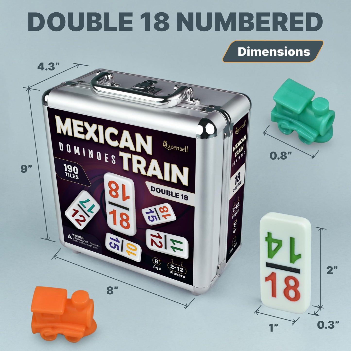 Queensell Mexican Train Dominoes Set – Double 18, Wooden Hub, Aluminum Case