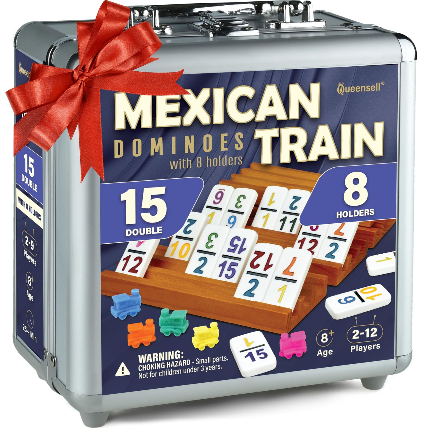 Queensell Mexican Train Dominoes Set Double 15 with Numbers | 136 Tiles + Aluminum Case