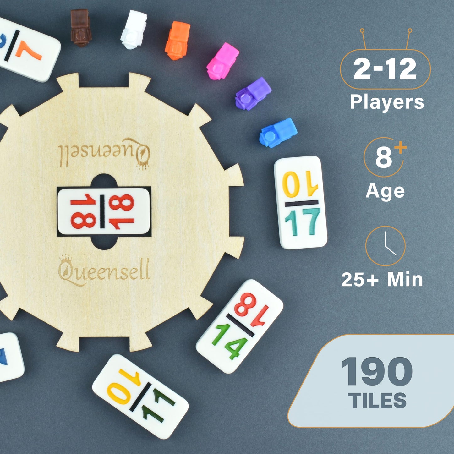 Queensell Mexican Train Dominoes Set – Double 18, Wooden Hub, Aluminum Case