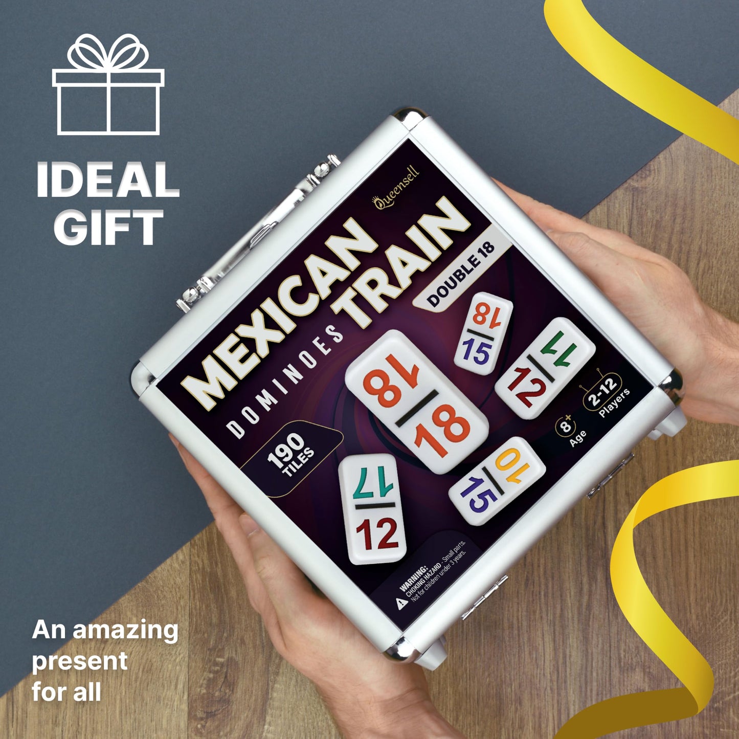 Queensell Mexican Train Dominoes Set – Double 18, Wooden Hub, Aluminum Case