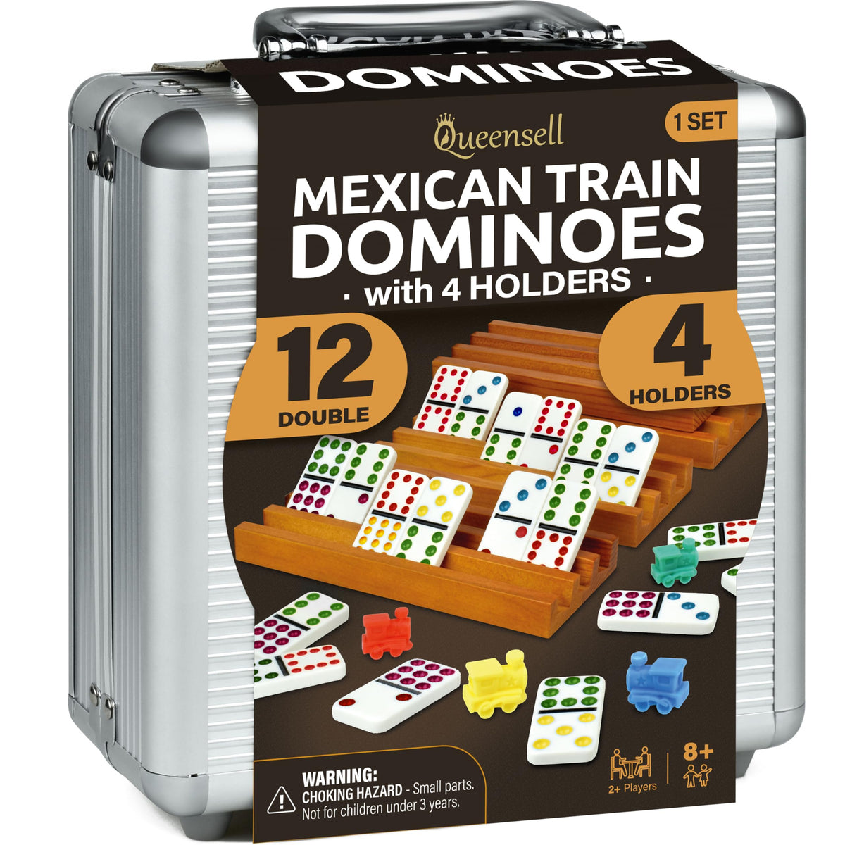 Queensell Mexican Train Dominoes Set with 4 Holders – Double 12 Dominoes for Family Game Night