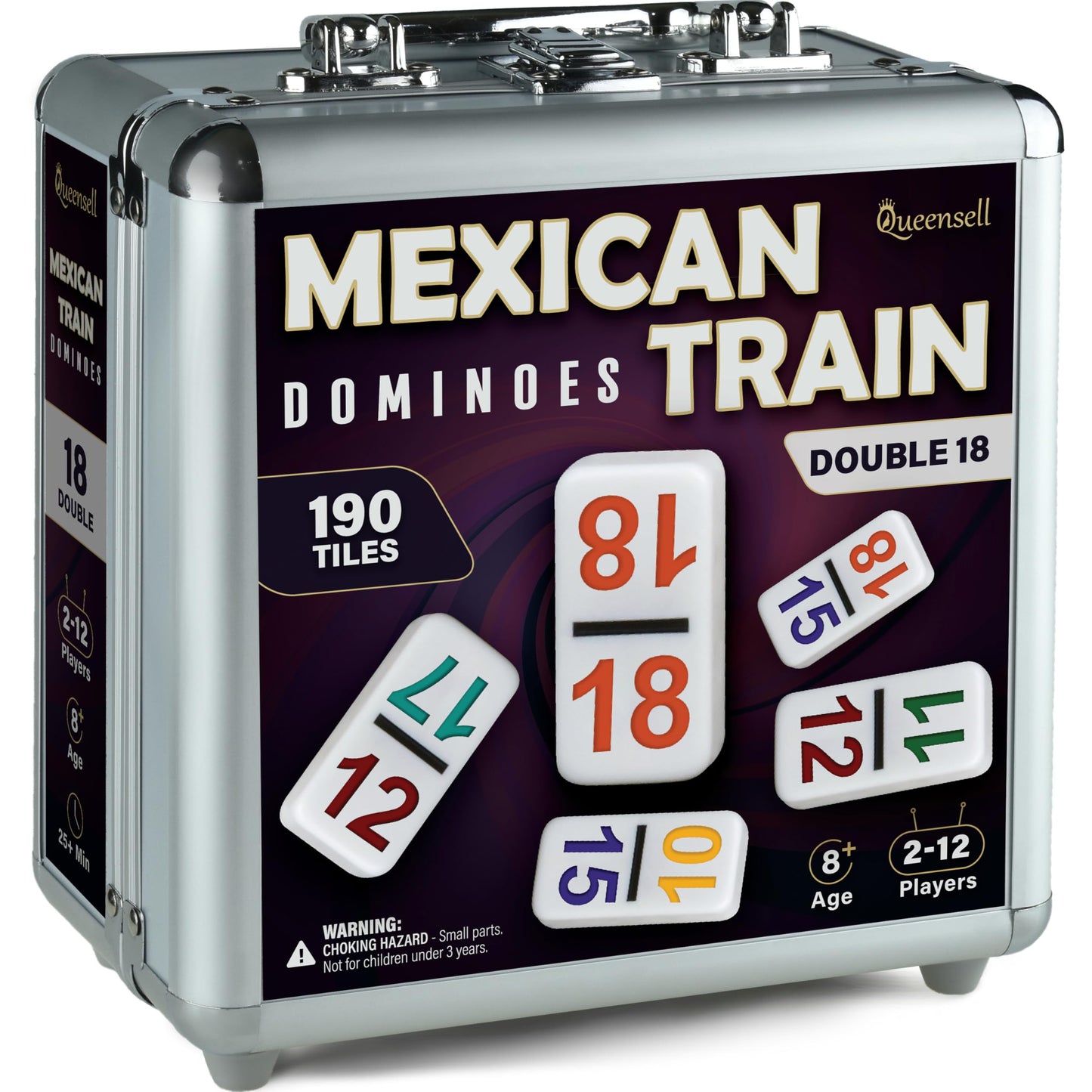 Queensell Mexican Train Dominoes Set – Double 18, Wooden Hub, Aluminum Case