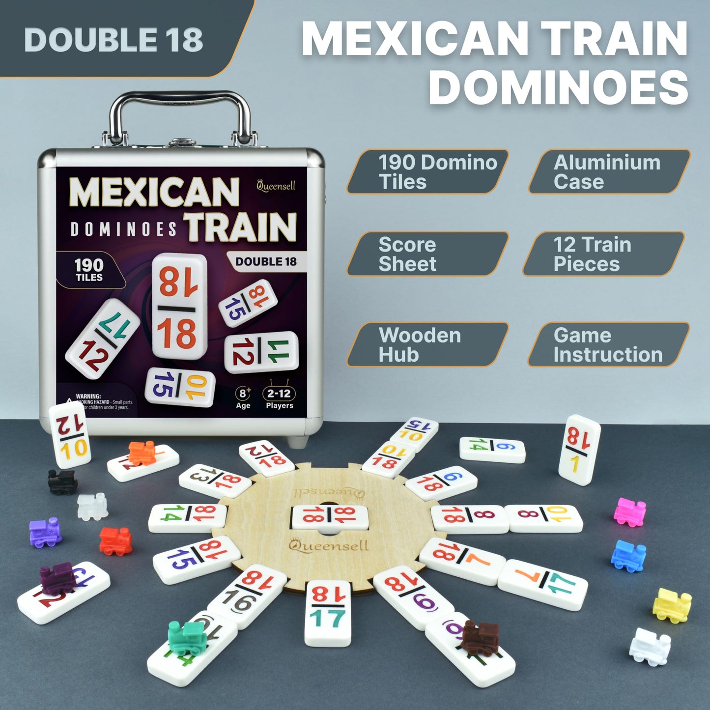 Queensell Mexican Train Dominoes Set – Double 18, Wooden Hub, Aluminum Case