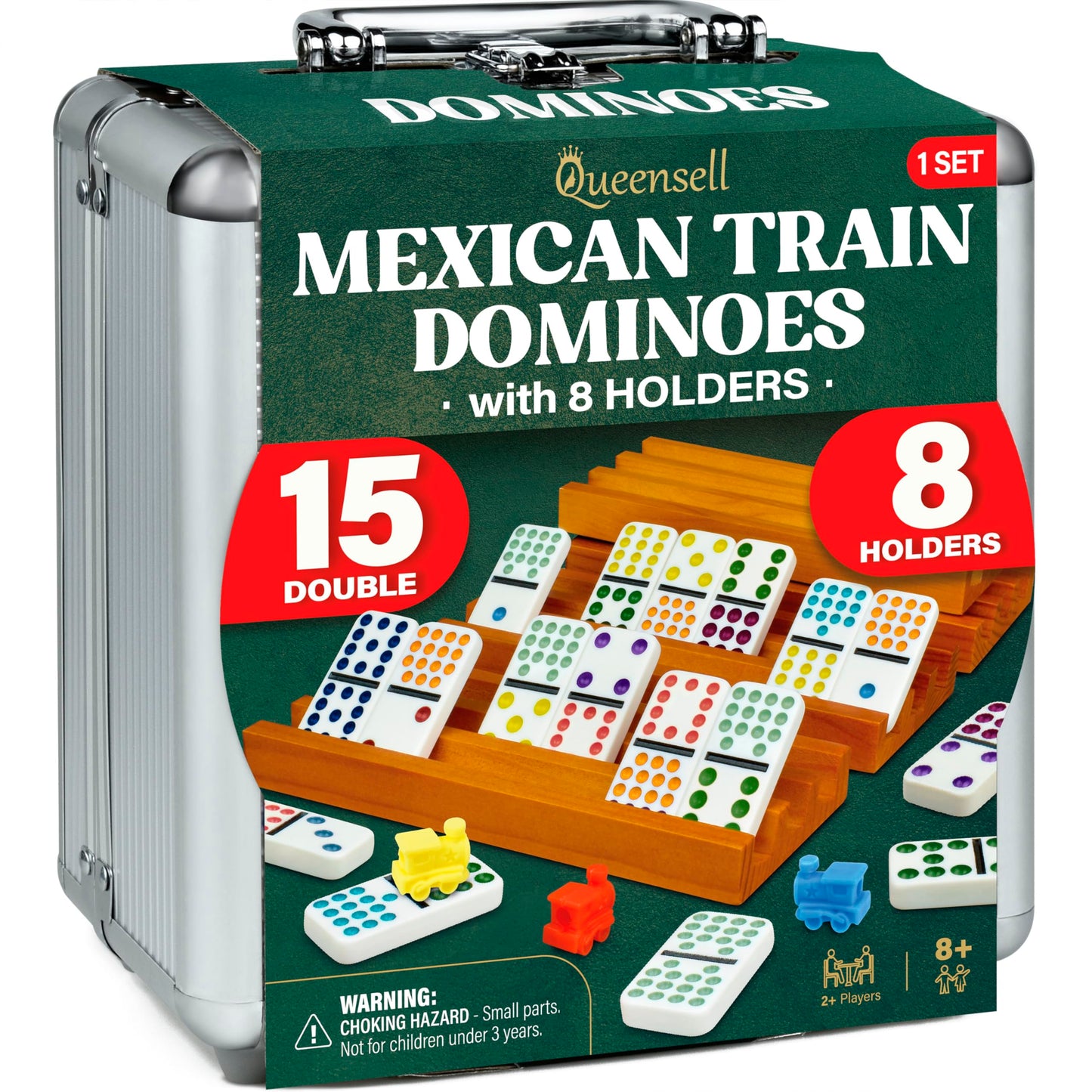 Queensell Mexican Train Dominoes Set Double 15 with 8 Holders – Wooden Hub & Trays
