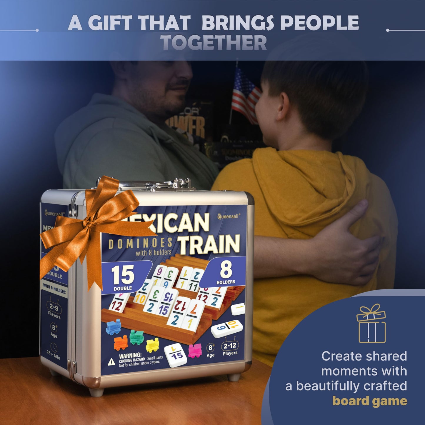 Queensell Mexican Train Dominoes Set Double 15 with Numbers | 136 Tiles + Aluminum Case