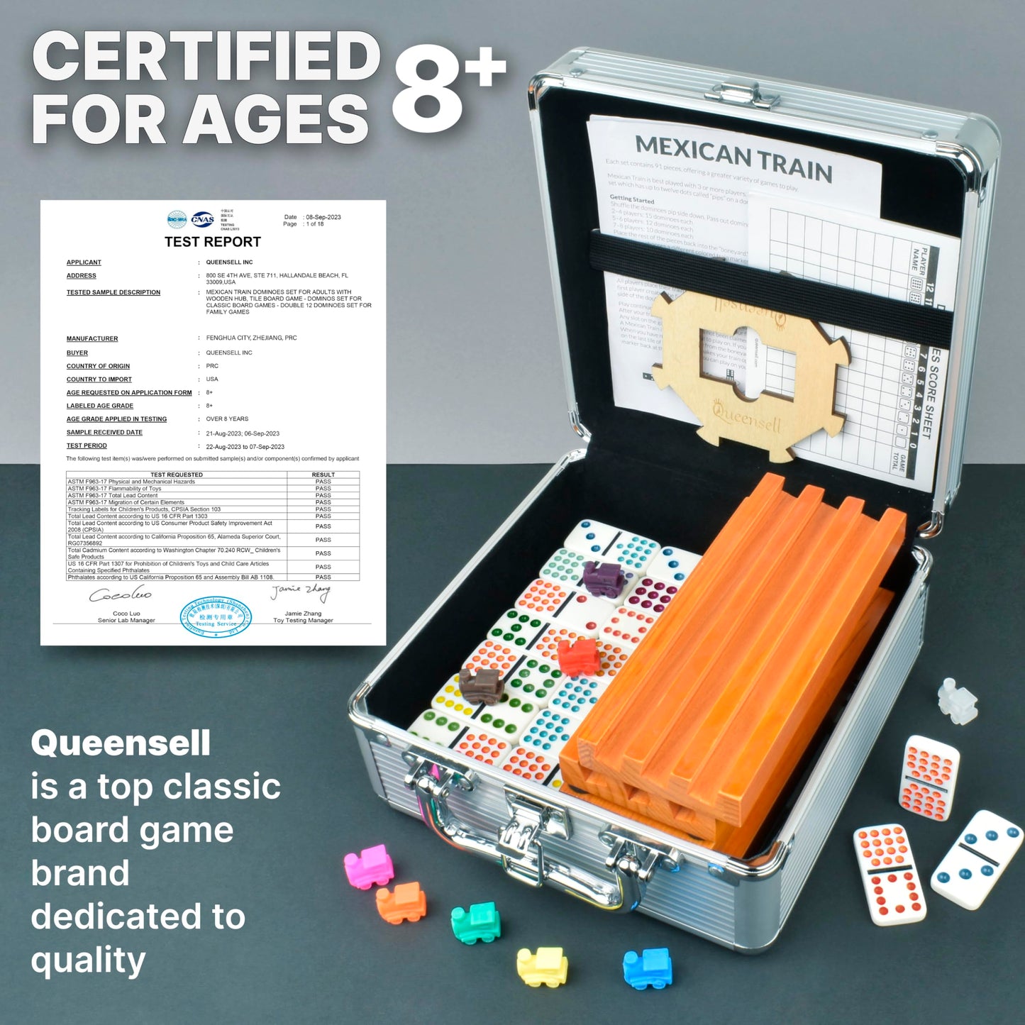 Queensell Mexican Train Dominoes Set Double 15 with 8 Holders – Wooden Hub & Trays