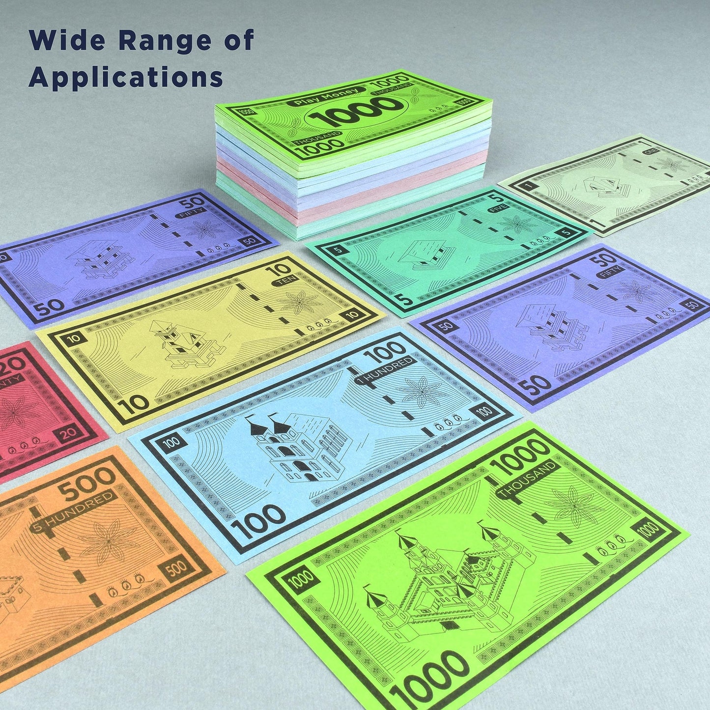 Queensell Play Money for Monopoly – 480 Bills, 60 per Denomination, Double-Sided, 4x2 in