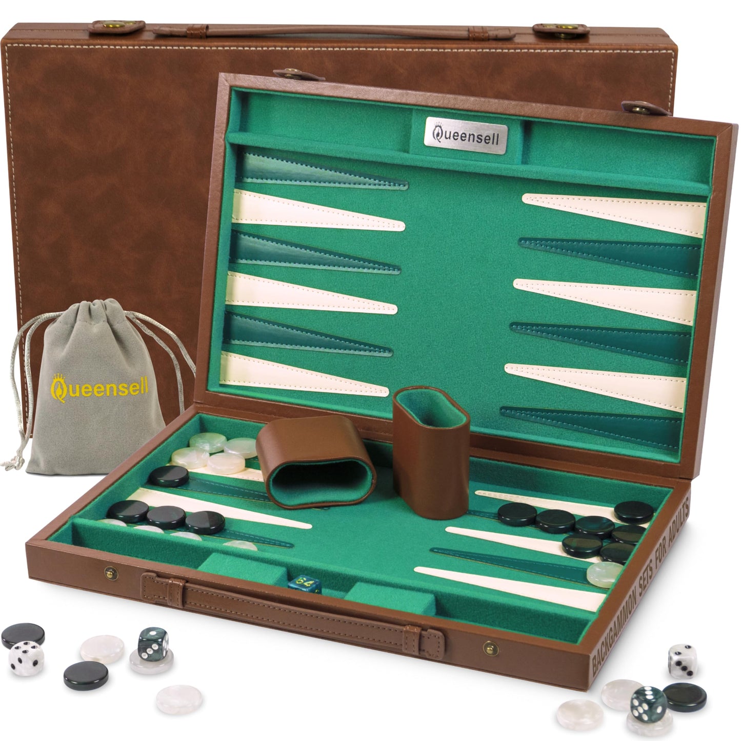 Queensell Premium 15 Inch Backgammon Set for Adults – Classic Faux Suede Leather Board with 32 Chips, Dice Cups & Doubling Cube