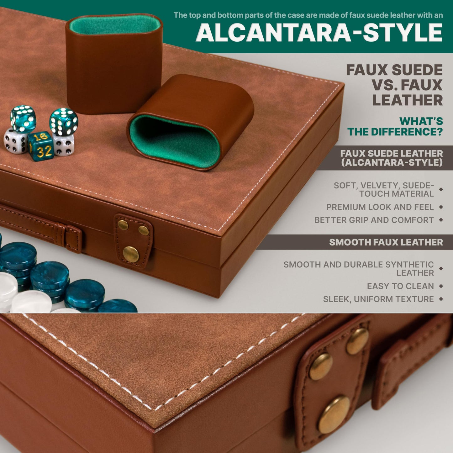 Queensell Premium 15 Inch Backgammon Set for Adults – Classic Faux Suede Leather Board with 32 Chips, Dice Cups & Doubling Cube