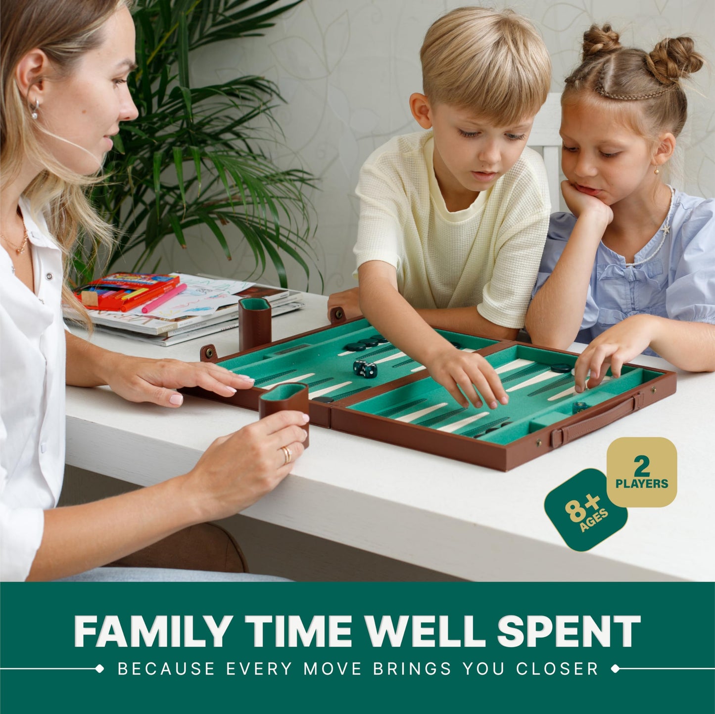 Queensell Premium 15 Inch Backgammon Set for Adults – Classic Faux Suede Leather Board with 32 Chips, Dice Cups & Doubling Cube