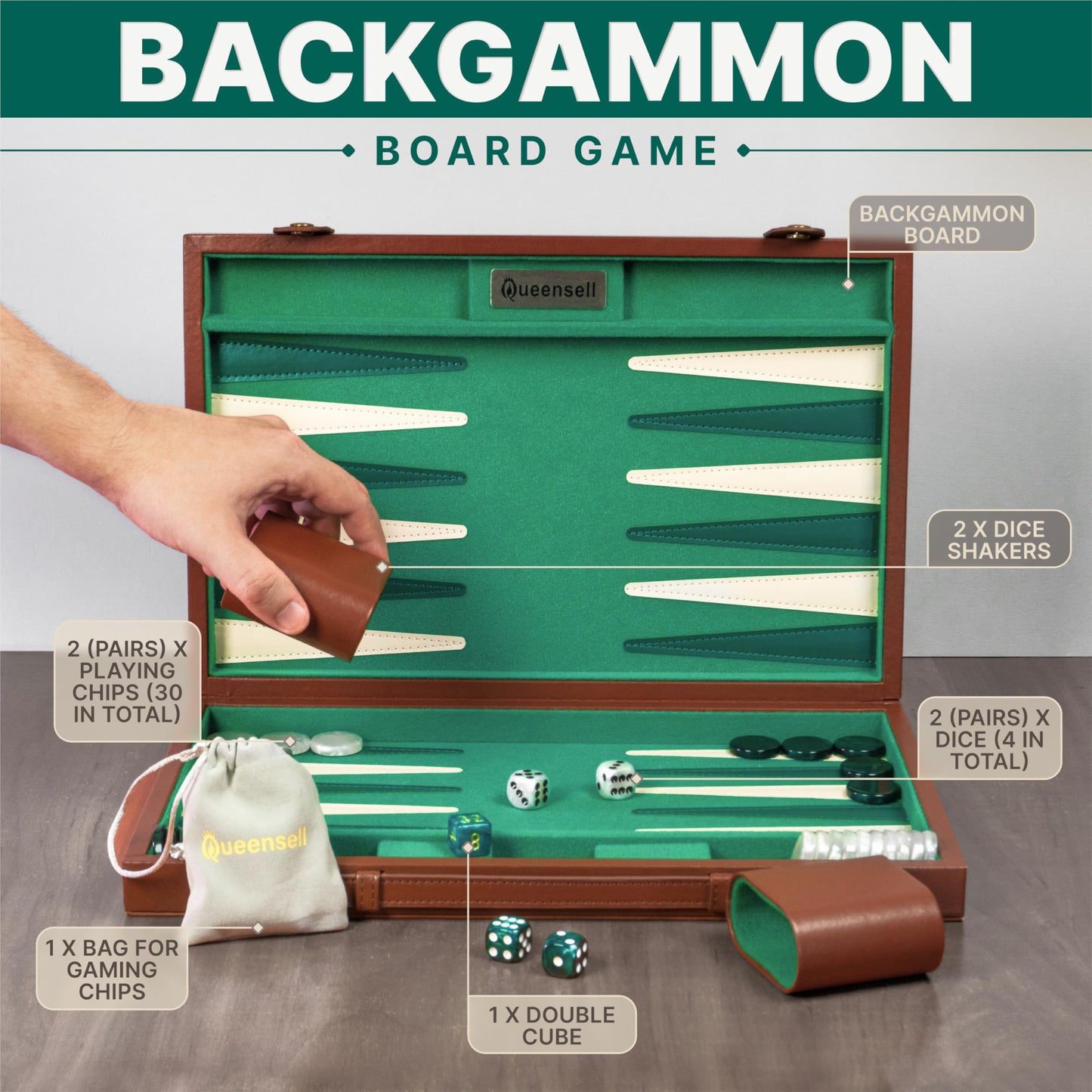 Queensell Premium 15 Inch Backgammon Set for Adults – Classic Faux Suede Leather Board with 32 Chips, Dice Cups & Doubling Cube