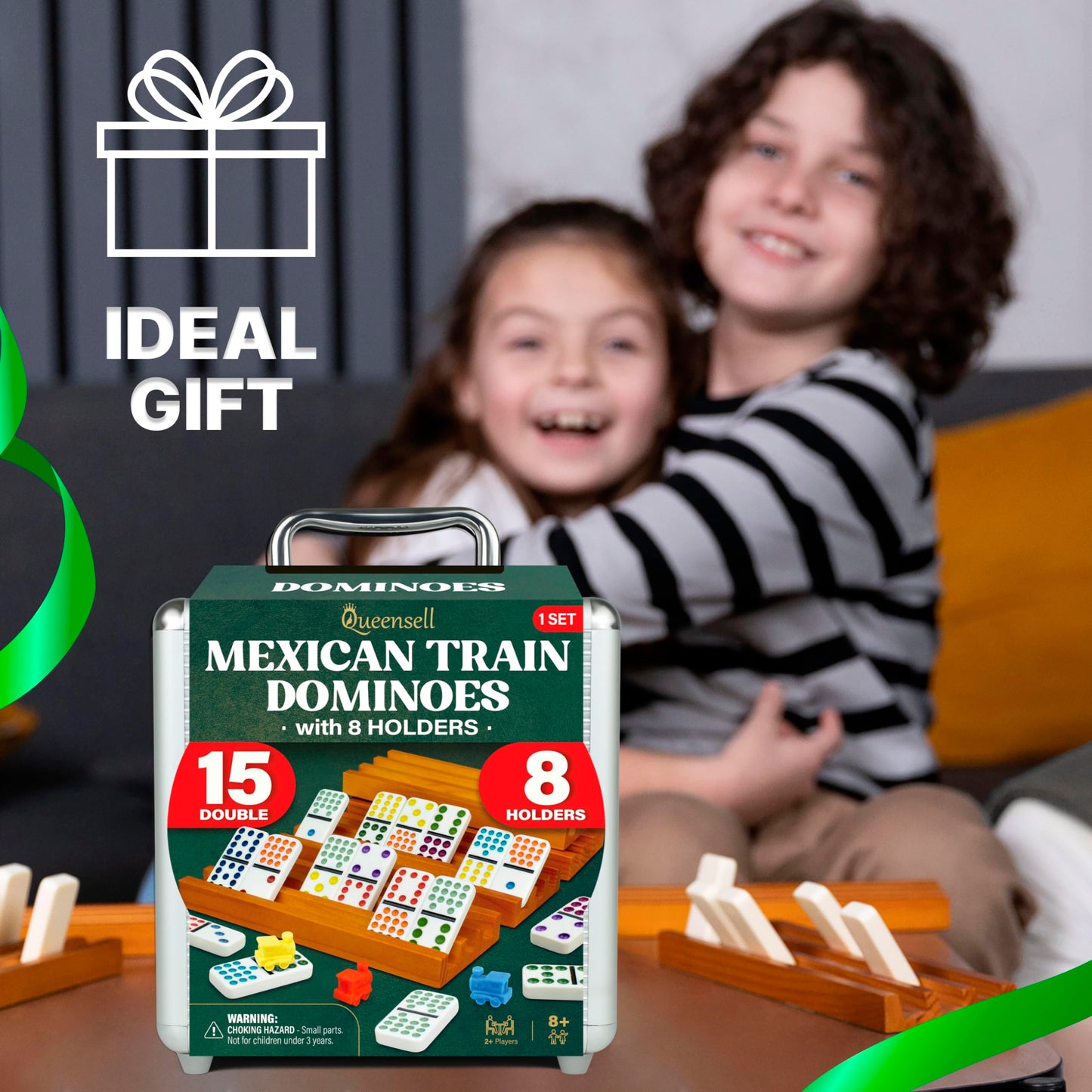 Queensell Mexican Train Dominoes Set Double 15 with 8 Holders – Wooden Hub & Trays