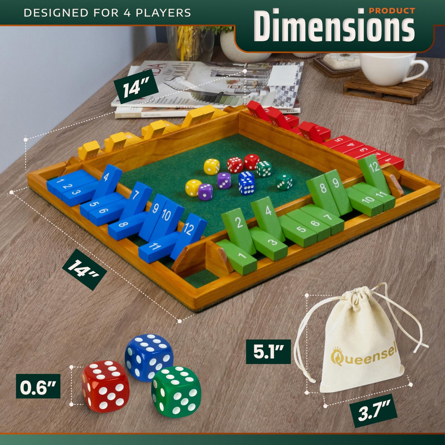 Queensell Shut The Box Game – Wooden 14-Inch 4-Player Dice Board for Family Night
