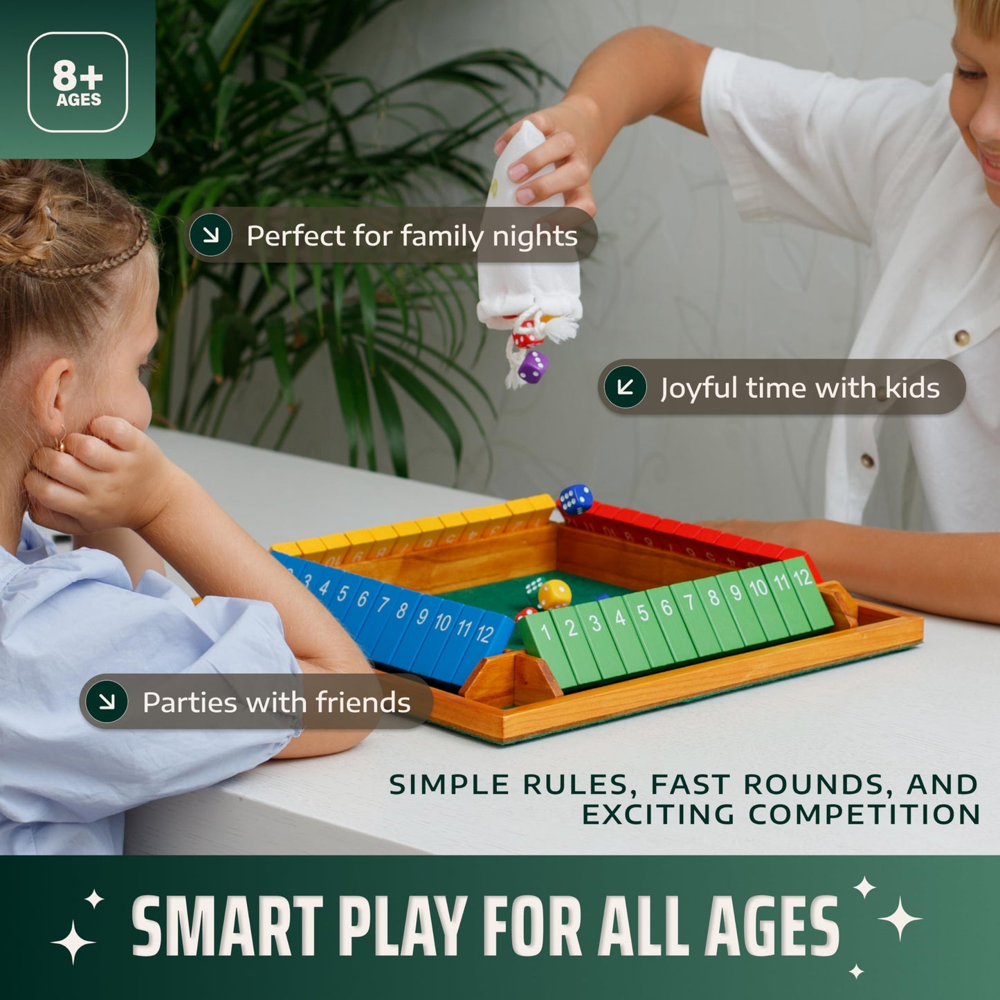Queensell Shut The Box Game – Wooden 14-Inch 4-Player Dice Board for Family Night