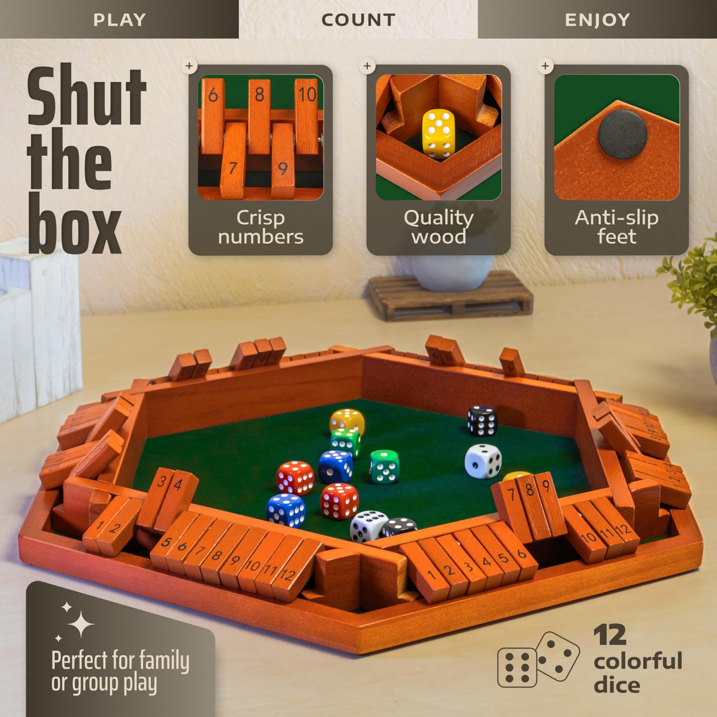 Queensell Shut The Box Game – 16-Inch Wooden Board for 1-6 Players