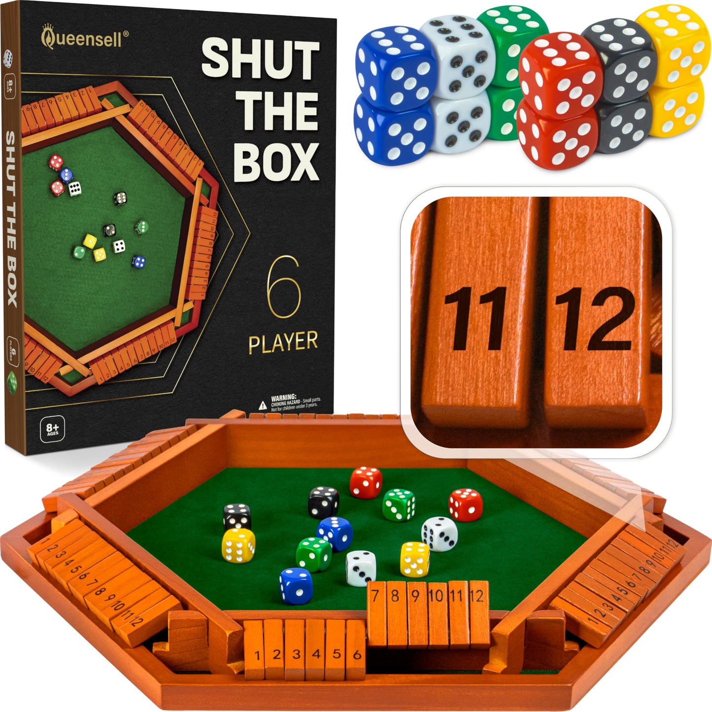 Queensell Shut The Box Game – 16-Inch Wooden Board for 1-6 Players