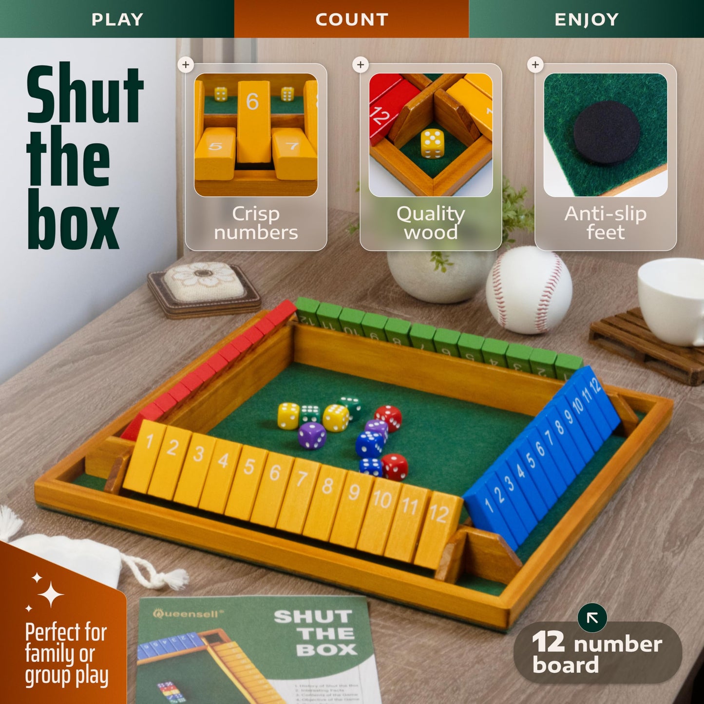 Queensell Shut The Box Game – Wooden 14-Inch 4-Player Dice Board for Family Night