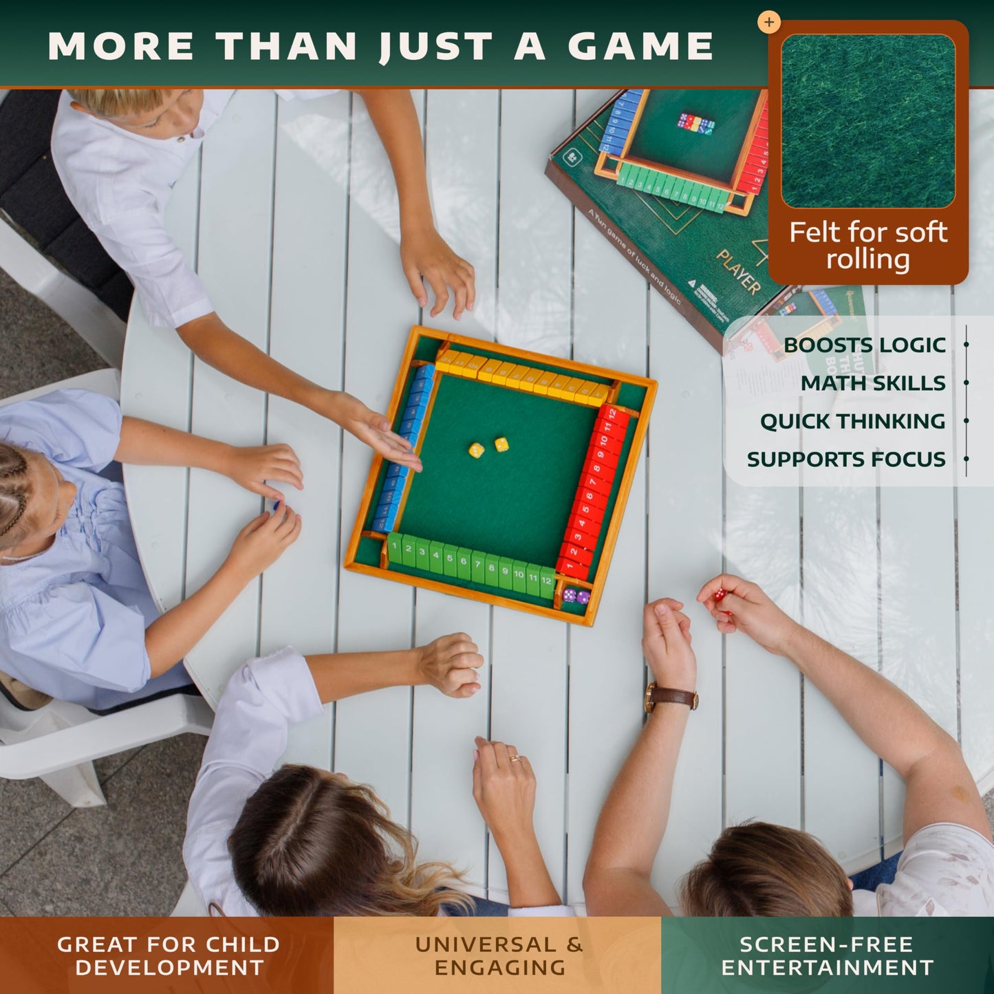 Queensell Shut The Box Game – Wooden 14-Inch 4-Player Dice Board for Family Night
