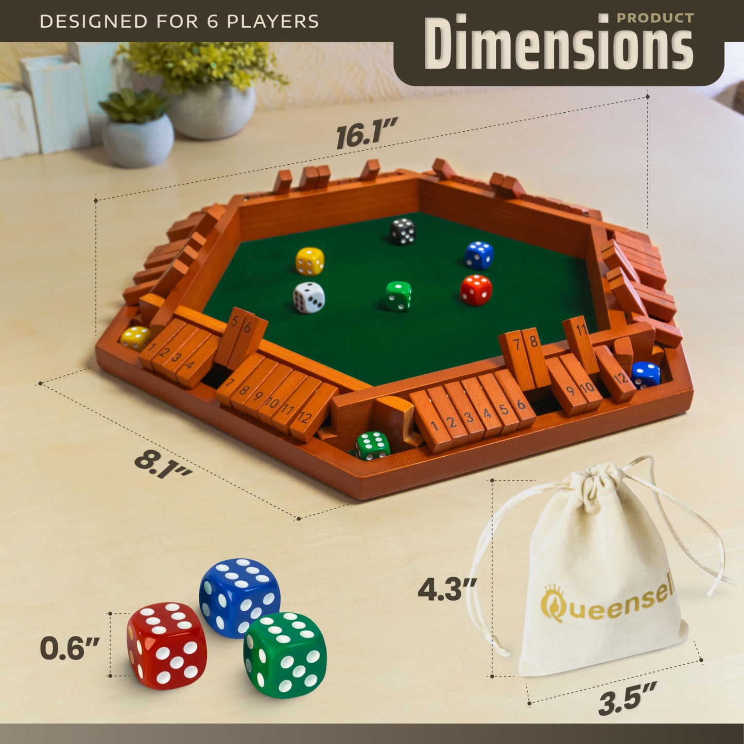 Queensell Shut The Box Game – 16-Inch Wooden Board for 1-6 Players