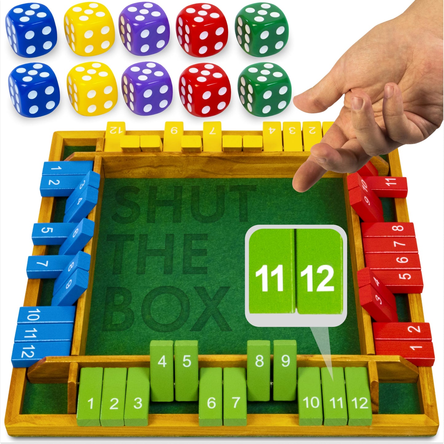 Queensell Shut The Box Game – Wooden 14-Inch 4-Player Dice Board for Family Night