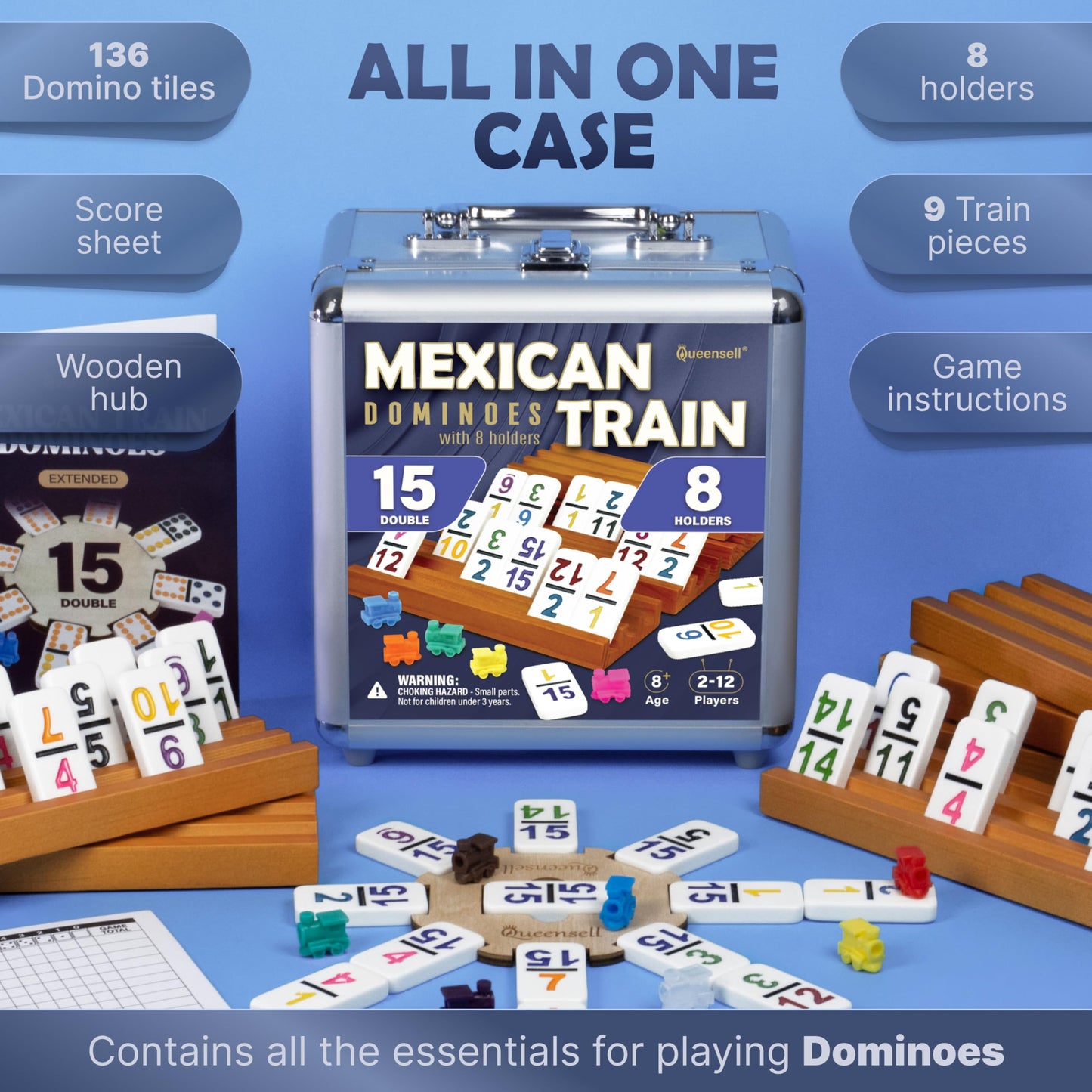 Queensell Mexican Train Dominoes Set Double 15 with Numbers | 136 Tiles + Aluminum Case