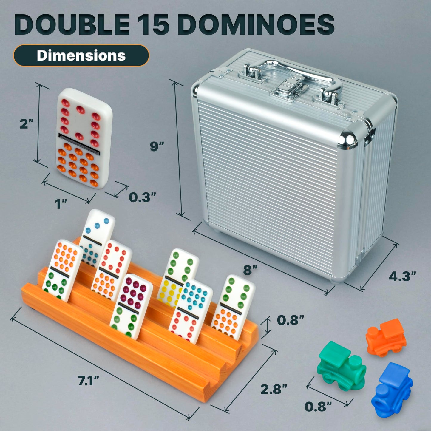 Queensell Mexican Train Dominoes Set Double 15 with 8 Holders – Wooden Hub & Trays