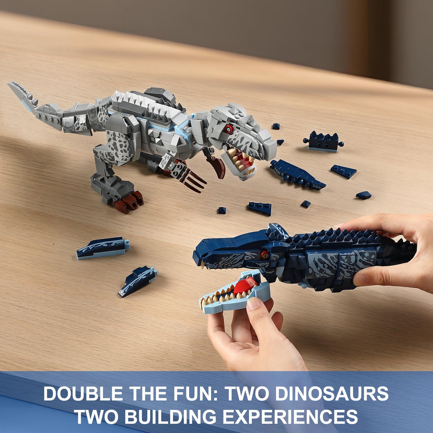 QUENTINAG Dual Dinosaur Building Sets – Indominus Rex & Mosasaurus | STEM Toy for Kids 6-12