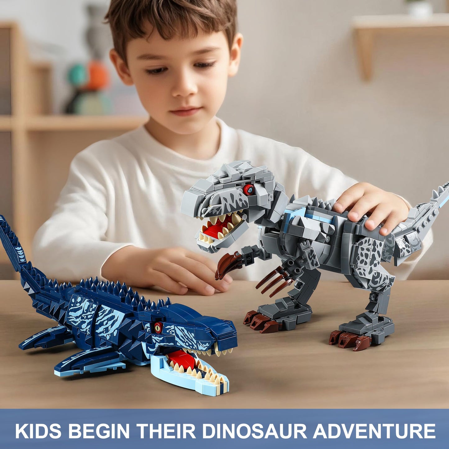 QUENTINAG Dual Dinosaur Building Sets – Indominus Rex & Mosasaurus | STEM Toy for Kids 6-12