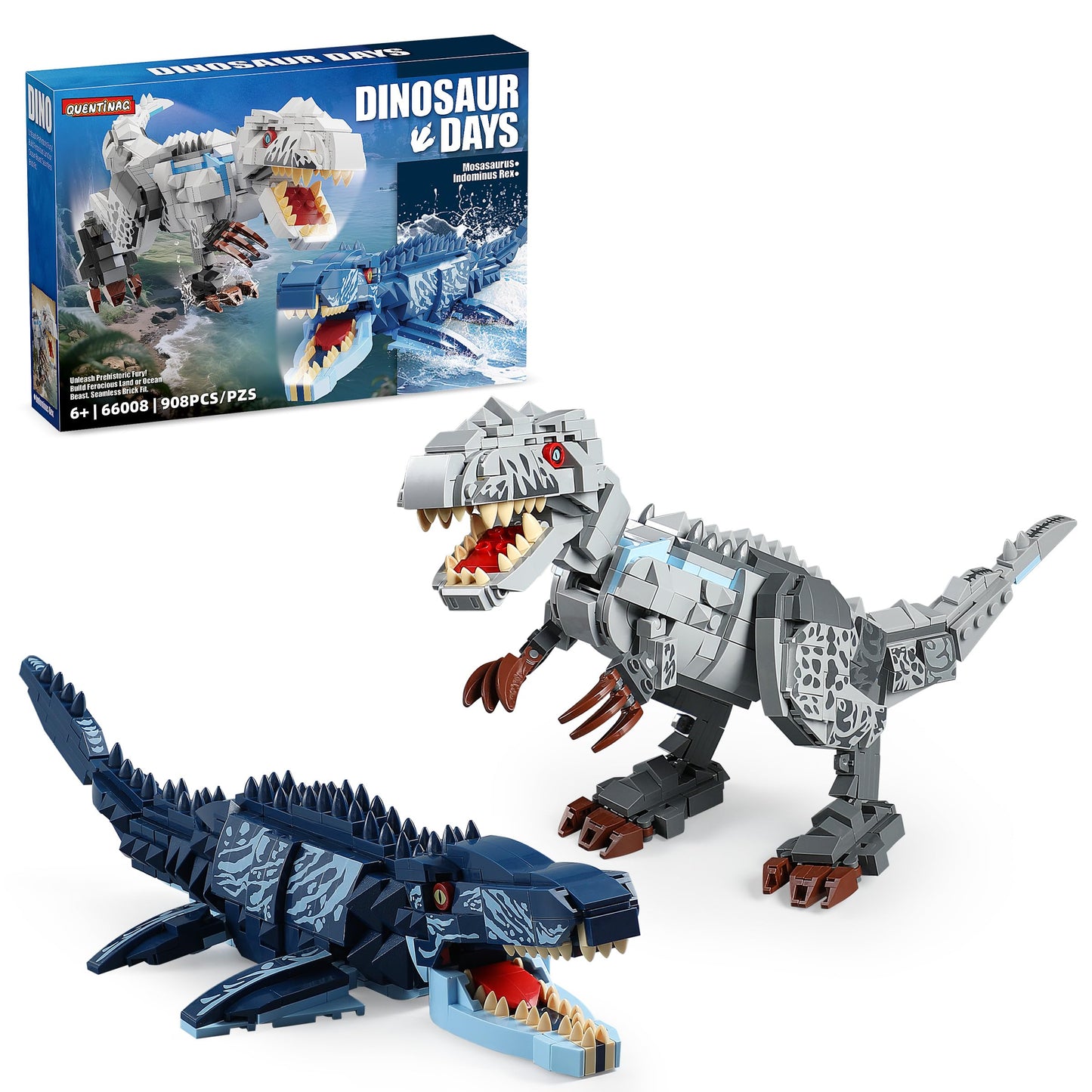 QUENTINAG Dual Dinosaur Building Sets – Indominus Rex & Mosasaurus | STEM Toy for Kids 6-12