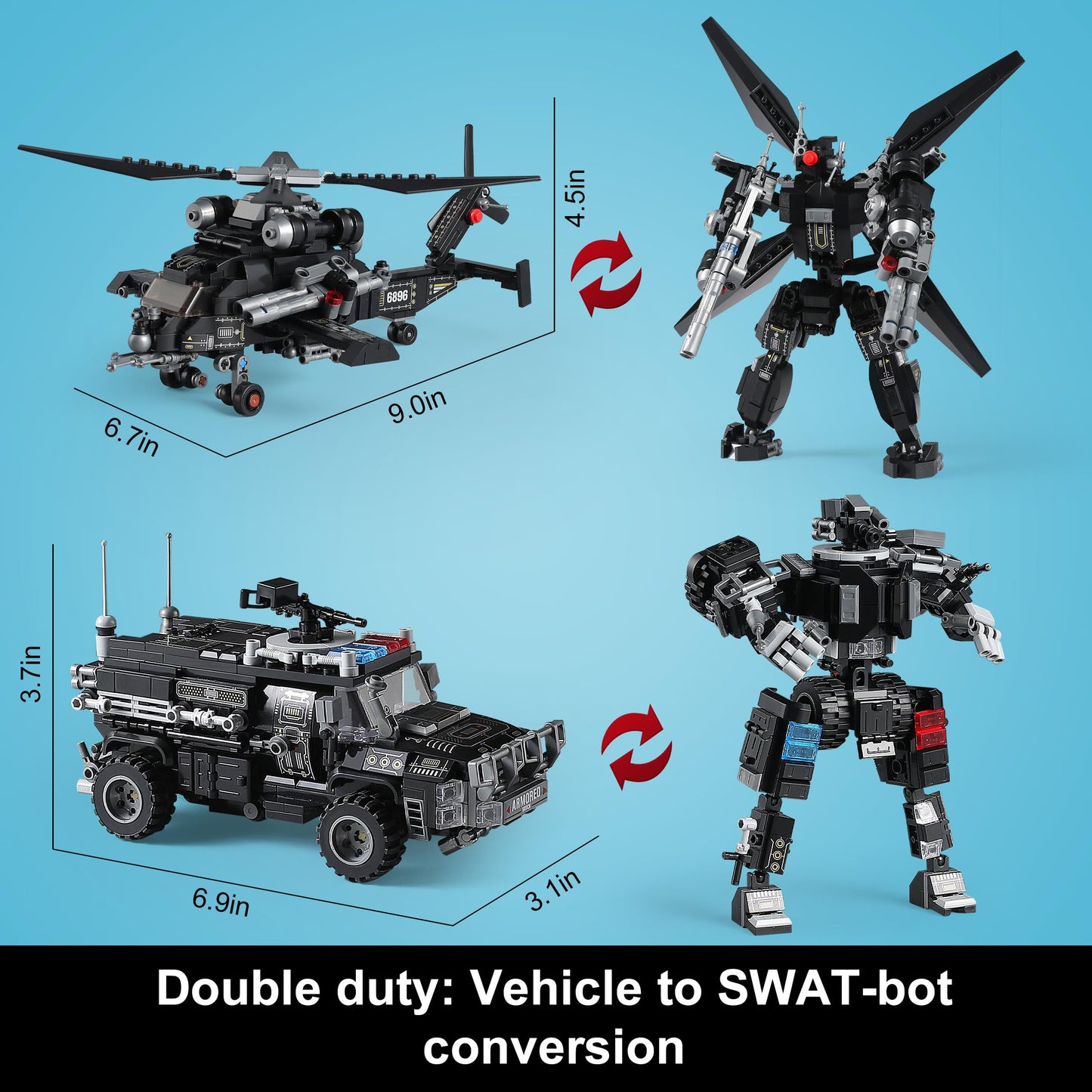 QUENTINAG SWAT Police Mech Building Sets — 926 Pieces, LEGO-Compatible, Transforming Truck & Helicopter to 2 Mechs (Ages 6-12)