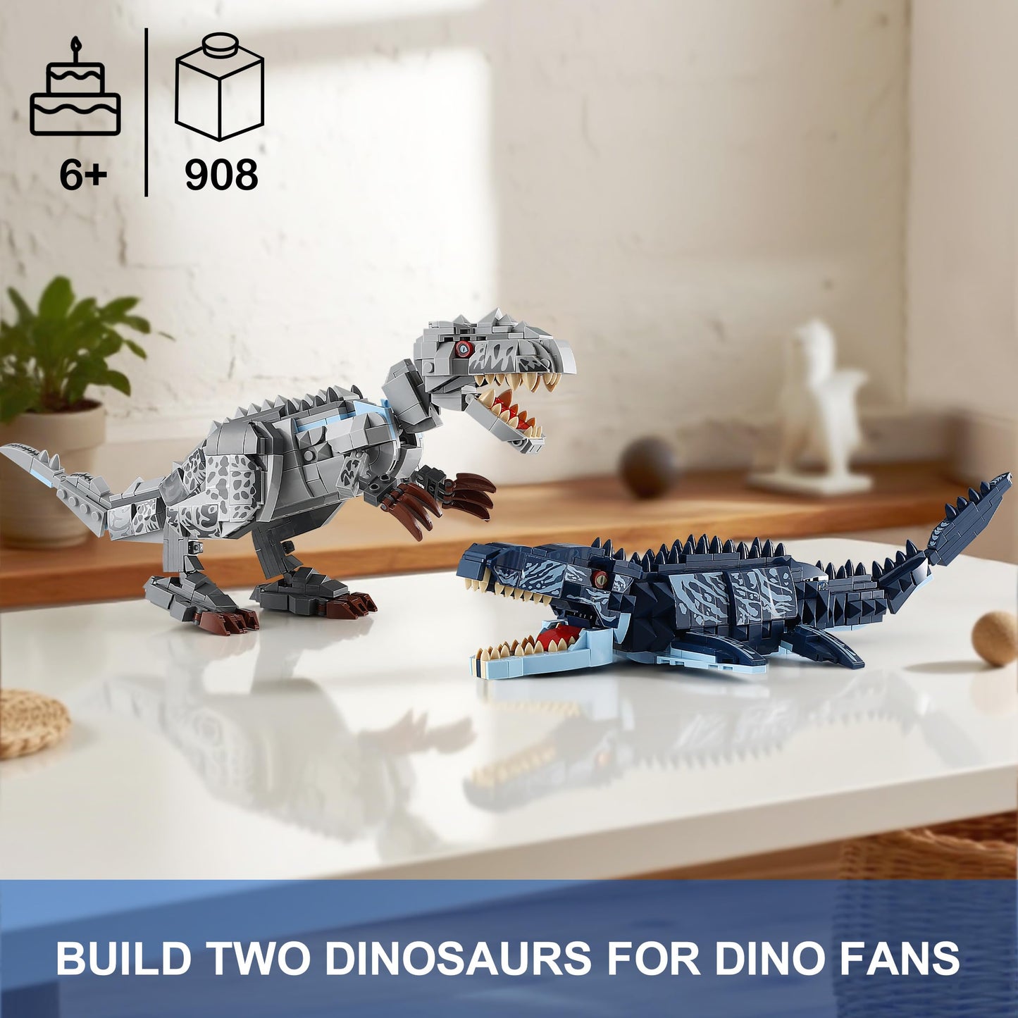 QUENTINAG Dual Dinosaur Building Sets – Indominus Rex & Mosasaurus | STEM Toy for Kids 6-12
