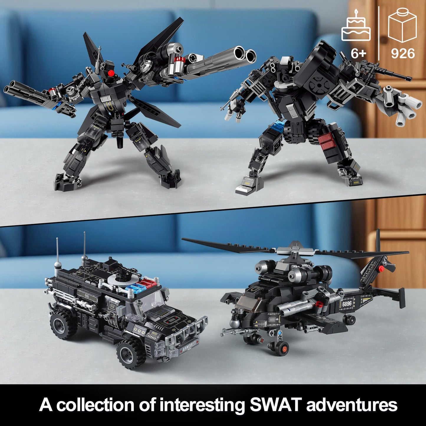 QUENTINAG SWAT Police Mech Building Sets — 926 Pieces, LEGO-Compatible, Transforming Truck & Helicopter to 2 Mechs (Ages 6-12)