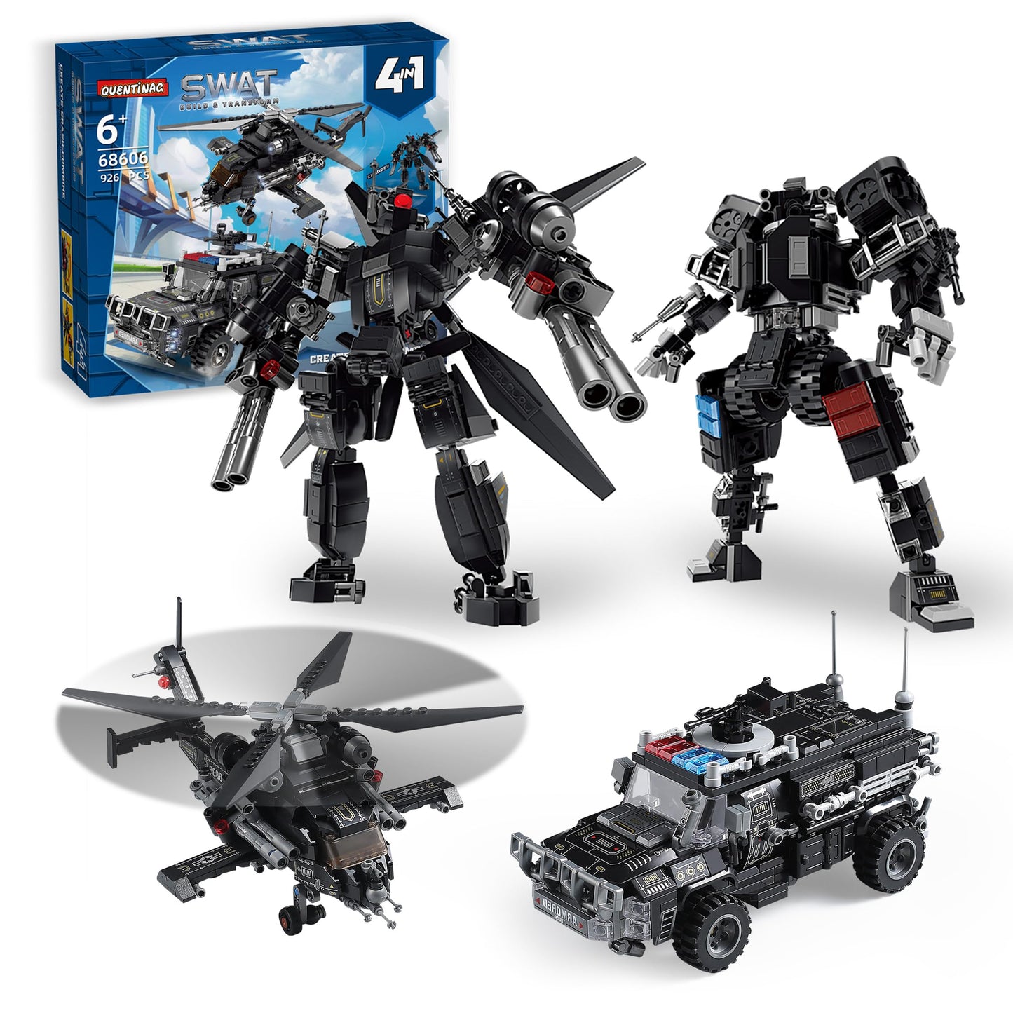 QUENTINAG SWAT Police Mech Building Sets — 926 Pieces, LEGO-Compatible, Transforming Truck & Helicopter to 2 Mechs (Ages 6-12)