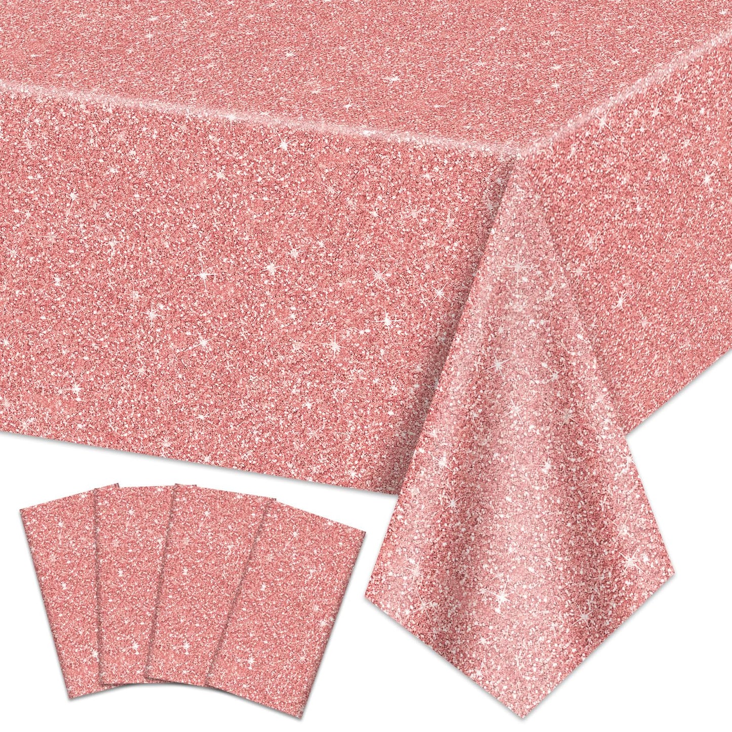 QUERICKY 4 Pack Pink Rose Gold Tablecloths | 87x51 in Sequin Plastic Cover