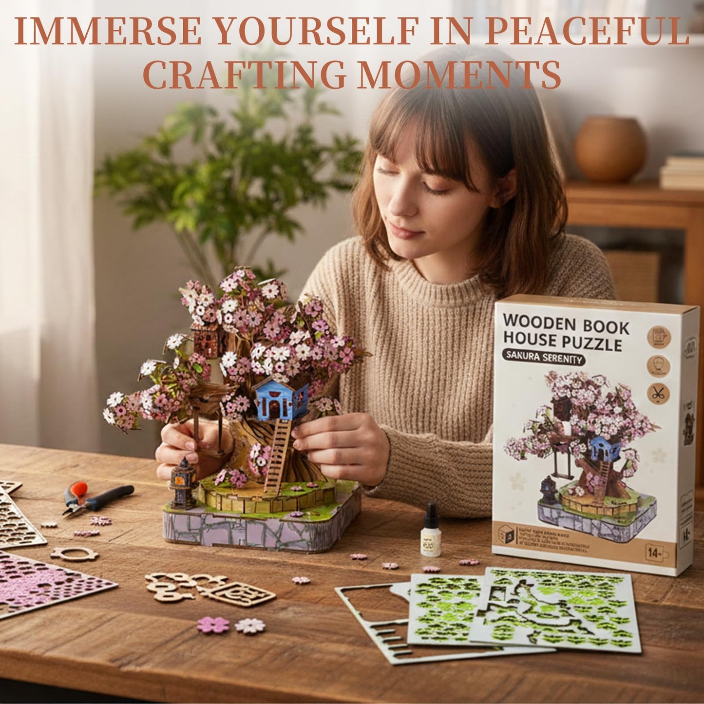 QuesEfflore Sakura Tree House DIY Miniature Kit — 3D Wooden Puzzle for Adults