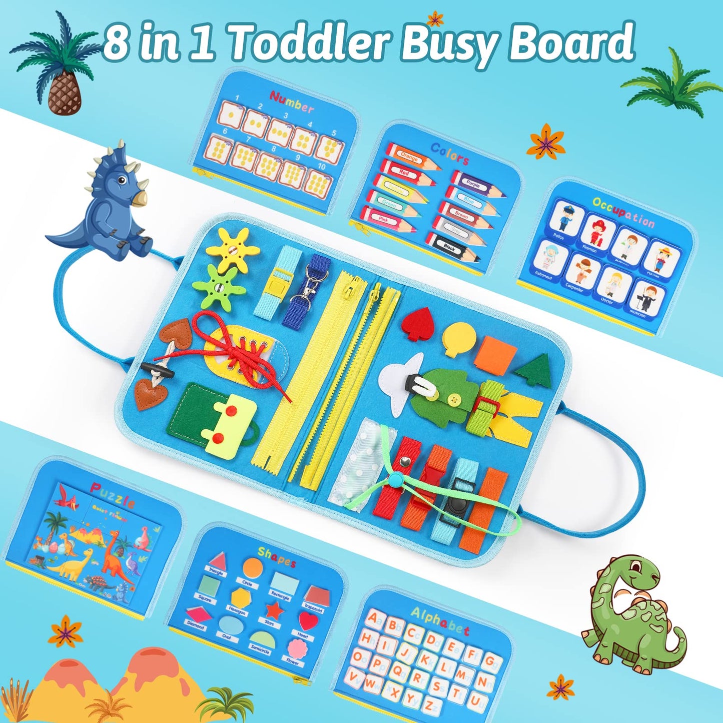 Quiet Flower Toddler Busy Board – 8-in-1 Montessori Sensory Book for 1-3 Year Olds (Dinosaur Theme)