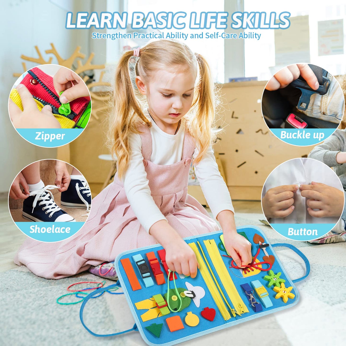 Quiet Flower Toddler Busy Board – 8-in-1 Montessori Sensory Book for 1-3 Year Olds (Dinosaur Theme)