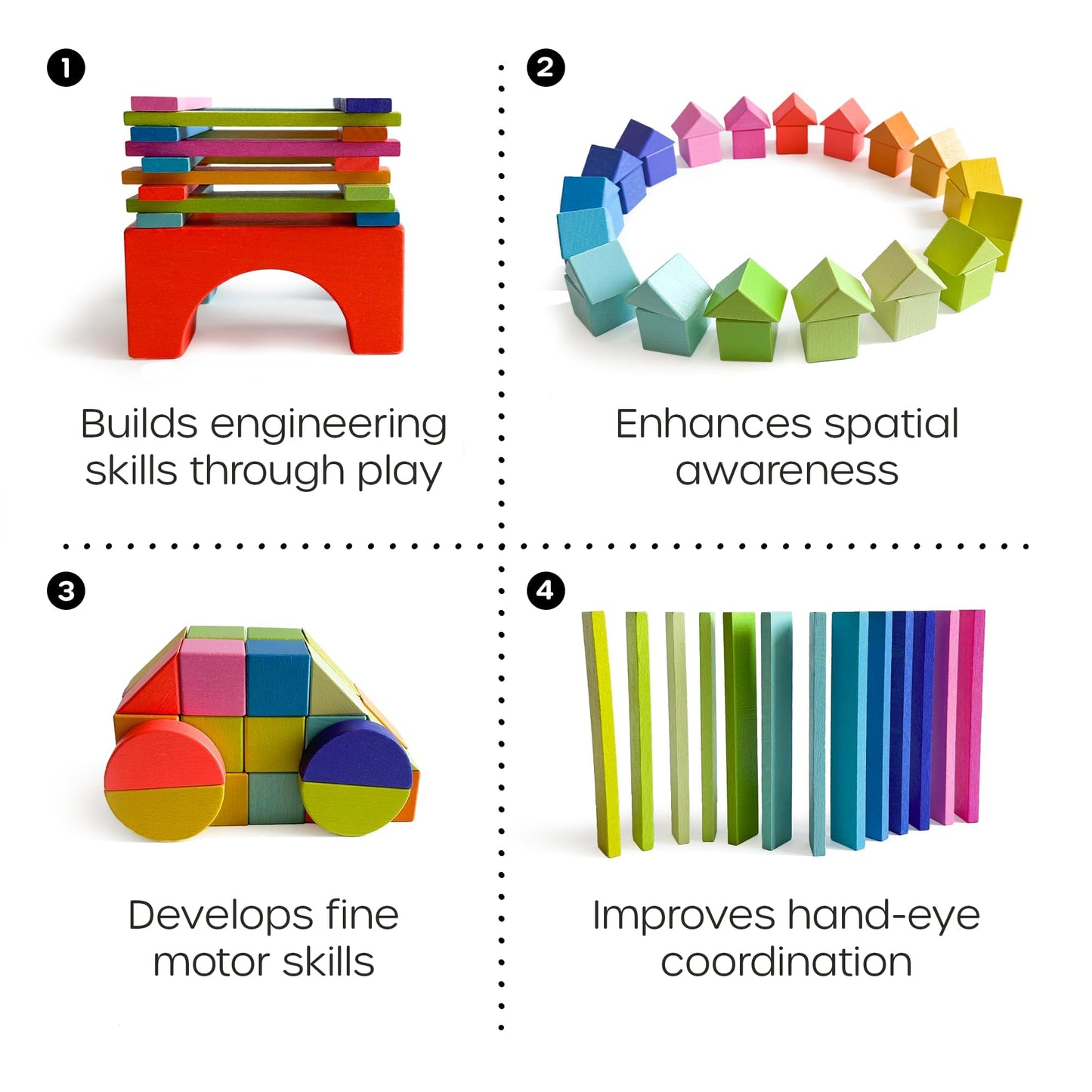 Quiggly Montessori Rainbow Blocks – 68-Piece Wooden STEM Toy with Storage Box