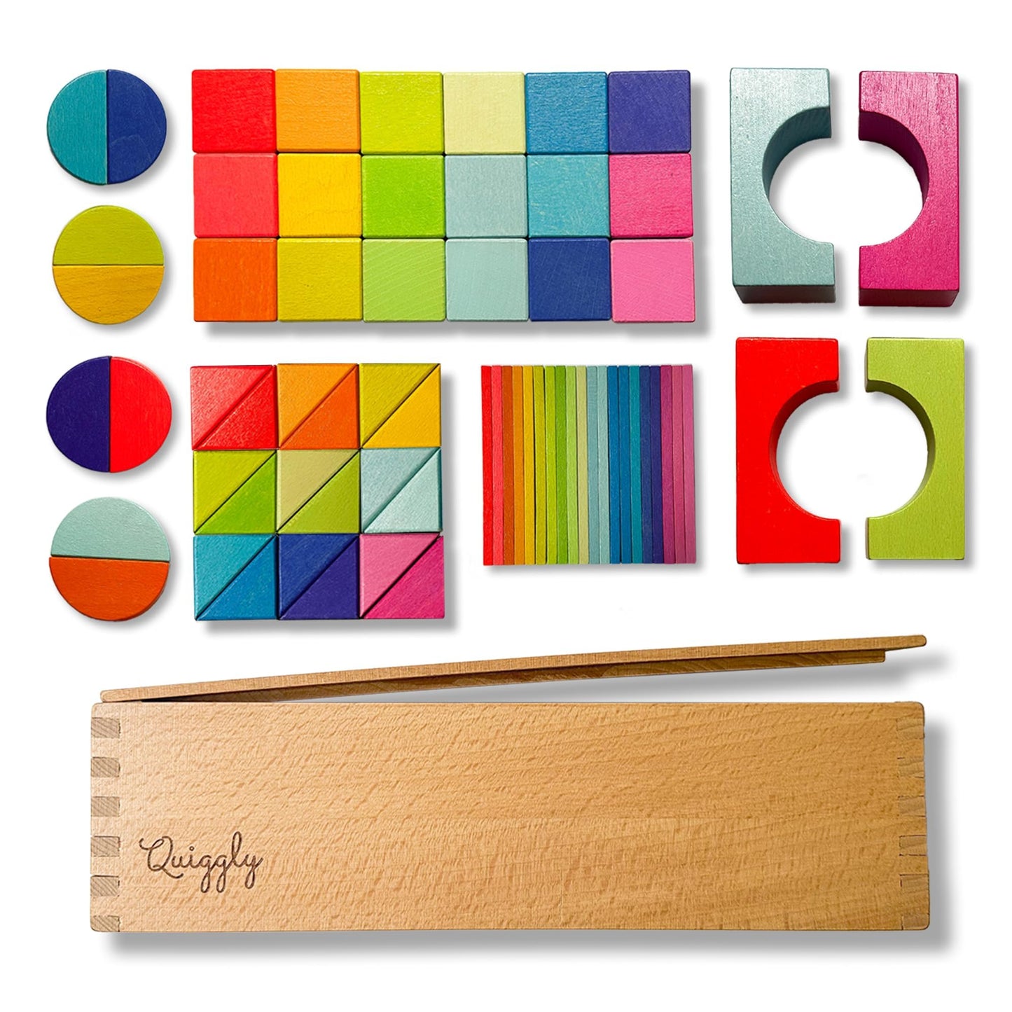 Quiggly Montessori Rainbow Blocks – 68-Piece Wooden STEM Toy with Storage Box