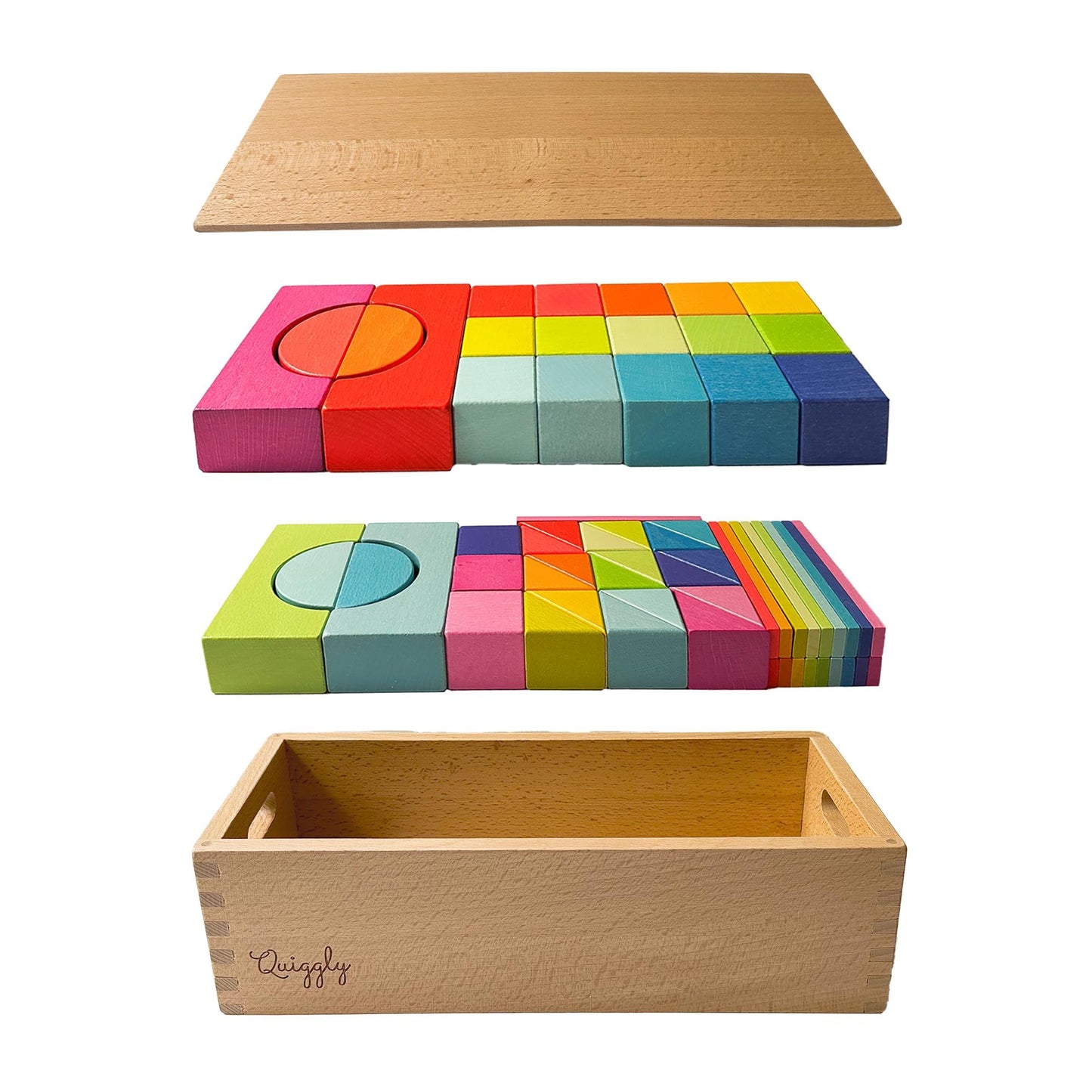Quiggly Montessori Rainbow Blocks – 68-Piece Wooden STEM Toy with Storage Box