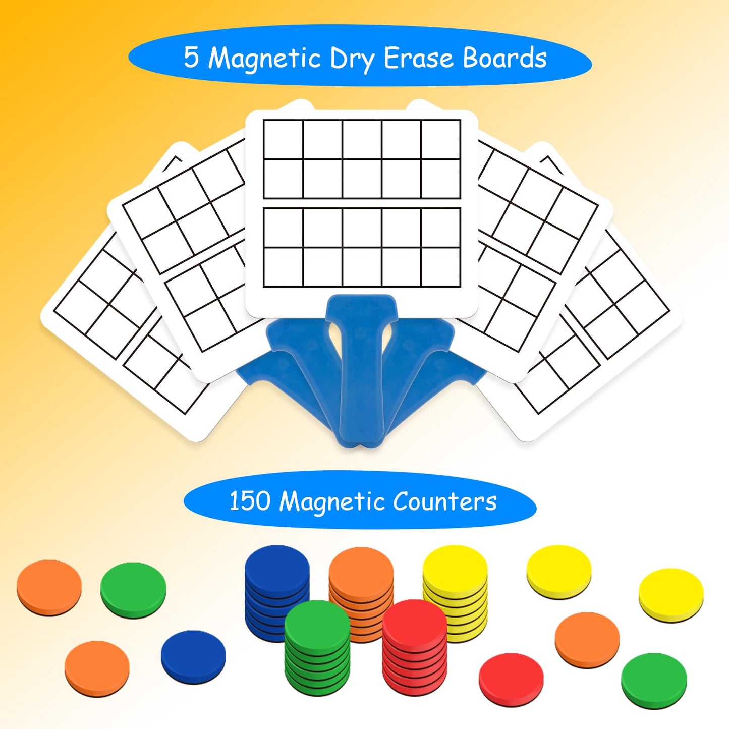 Quilinz Magnetic Ten Frame Set — 5 Dry Erase Paddles & 150 Counters for Early Math